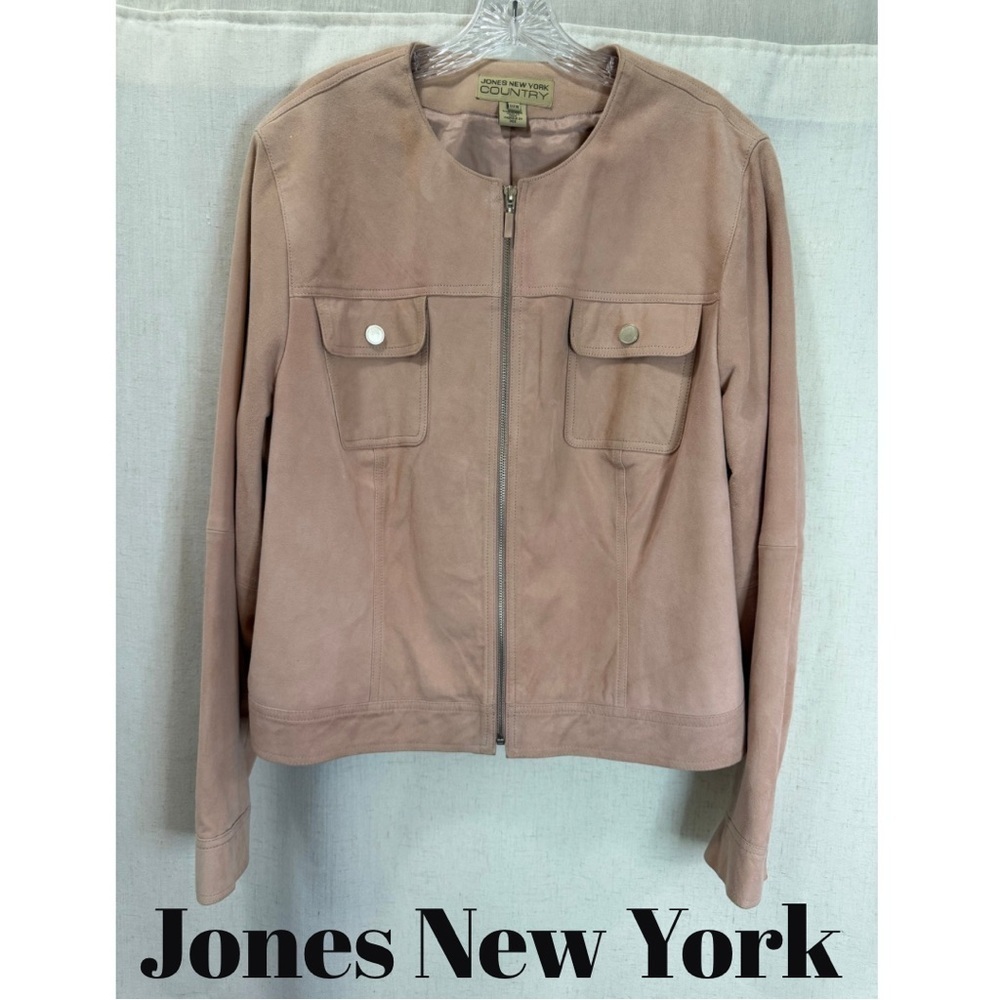Jones New York Country Faux Suede Jacket Light Mauve Pink Zip Front Size 18